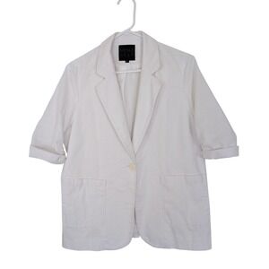 Mina Self White Cotton Linen Blend Ruched Sleeve Blazer Jacket Size Large Lined